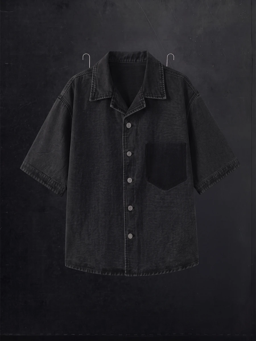 Manfinity Denimwave 男士深灰色夏季街頭休閒牛仔襯衫,復古水洗口袋陰影設計層次上衣,3D剪裁落肩中袖,度假風 - 黑色 - 查看 1