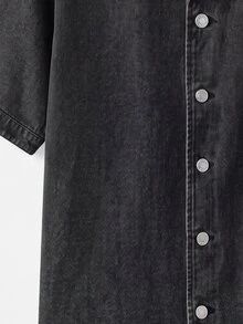 Manfinity Denimwave 男士深灰色夏季街頭休閒牛仔襯衫，復古水洗口袋陰影設計層次上衣，3D剪裁落肩中袖，度假風 - 黑色 - 查看 3