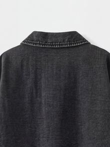 Manfinity Denimwave 男士深灰色夏季街頭休閒牛仔襯衫，復古水洗口袋陰影設計層次上衣，3D剪裁落肩中袖，度假風 - 黑色 - 查看 4