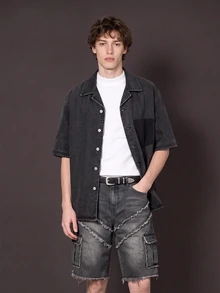 Manfinity Denimwave 男士深灰色夏季街頭休閒牛仔襯衫，復古水洗口袋陰影設計層次上衣，3D剪裁落肩中袖，度假風 - 黑色 - 查看 2