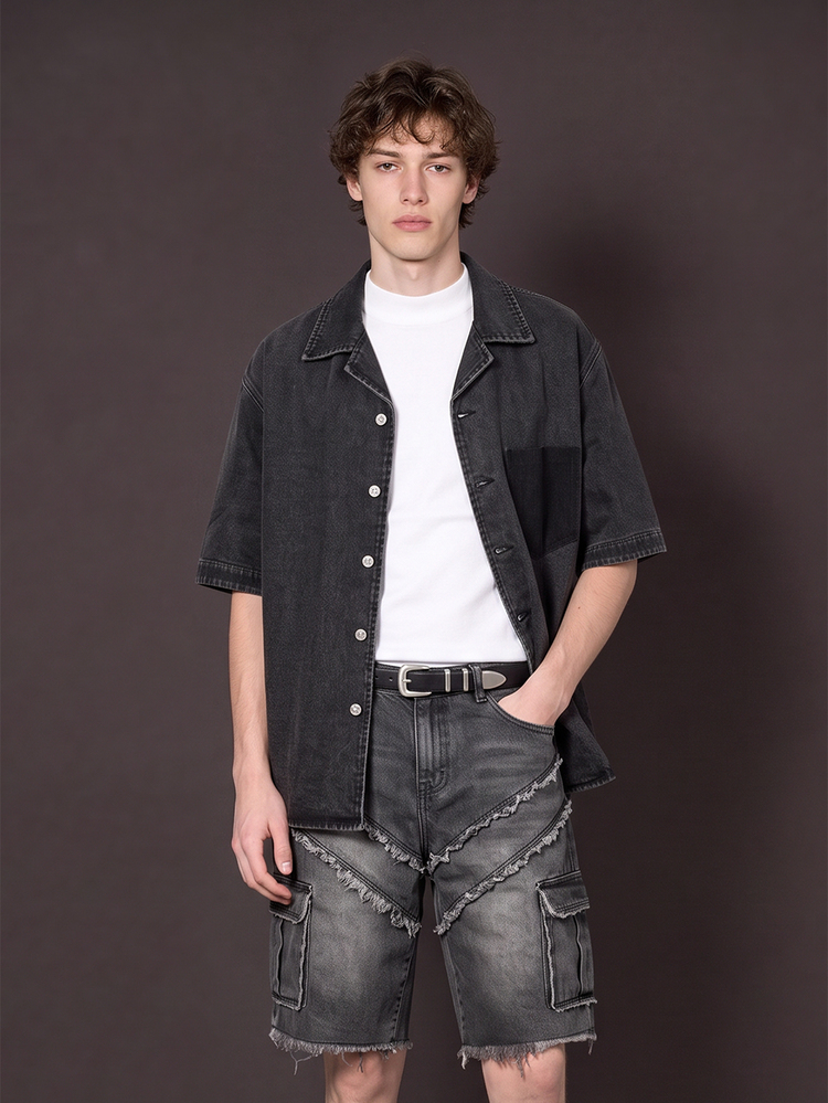Manfinity Denimwave 男士深灰色夏季街頭休閒牛仔襯衫，復古水洗口袋陰影設計層次上衣，3D剪裁落肩中袖，度假風 - 黑色 - 查看 2
