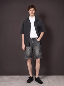 Manfinity Denimwave 男士深灰色夏季街頭休閒牛仔襯衫，復古水洗口袋陰影設計層次上衣，3D剪裁落肩中袖，度假風 - 黑色 - 查看 6