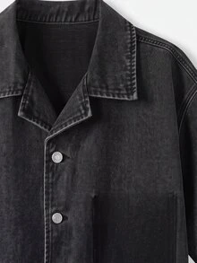 Manfinity Denimwave 男士深灰色夏季街頭休閒牛仔襯衫，復古水洗口袋陰影設計層次上衣，3D剪裁落肩中袖，度假風 - 黑色 - 查看 5
