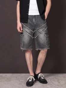 Manfinity Denimwave Men's Button Front Straight Leg Denim Shorts With Frayed Hem And Patch Pockets - Light Grey - View 2