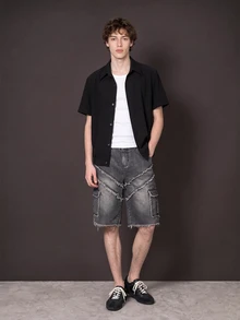 Manfinity Denimwave Men's Button Front Straight Leg Denim Shorts With Frayed Hem And Patch Pockets - Light Grey - View 3