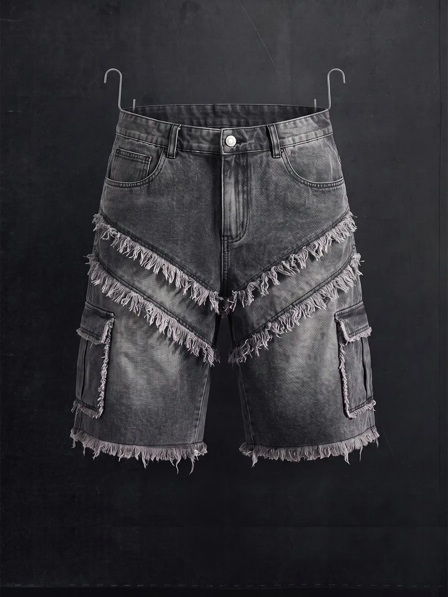 Manfinity Denimwave Men's Button Front Straight Leg Denim Shorts With Frayed Hem And Patch Pockets - Light Grey - View 1
