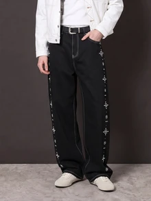 Manfinity Denimwave 男士黑色寬鬆版型串珠裝飾牛仔長褲，哥德風街頭休閒牛仔褲 - 黑色 - 查看 2