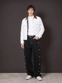 Manfinity Denimwave 男士黑色寬鬆版型串珠裝飾牛仔長褲，哥德風街頭休閒牛仔褲 - 黑色 - 查看 5