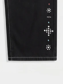 Manfinity Denimwave 男士黑色寬鬆版型串珠裝飾牛仔長褲，哥德風街頭休閒牛仔褲 - 黑色 - 查看 4
