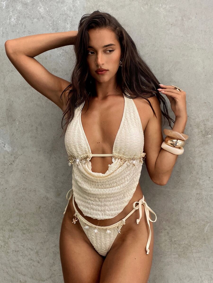 Aloruh Women's White Solid Textured Fabric Bikini Set Ocean Style Ribbon Decor Halter Triangle Cup Bathing Suits Elegant Sexy Beach Vacation Summer Holiday