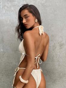 Aloruh Women's White Solid Textured Fabric Bikini Set Ocean Style Ribbon Decor Halter Triangle Cup Bathing Suits Elegant Sexy Beach Vacation Summer Holiday - Apricot - View 3