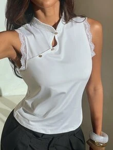 Aloruh 女款新中式復古旗袍白色領背心上衣 - 白色 - 查看 3