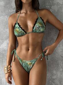 Aloruh Women's Summer New Leopard Print Bikini Set Lace Swimsuits Beach Party Olive Green Sexy - Multicolor - View 5