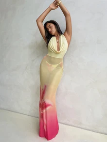 Aloruh Women's Summer Red Floral Lily Gradient Maxi Dress,Casual Loose Shawl Collar Beach Cover Up,Vacation Holiday Outfits,Elegant Swimwear Beachwear - Multicolor - View 6