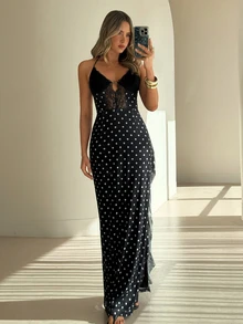 Aloruh Women's Spring/Summer Vacation Butterfly Net Mesh Printed Halter Lace Patchwork Super Long Slit Ruffle Hem Dress Black And White Polka Dot Sexy Night - Black and White - View 7