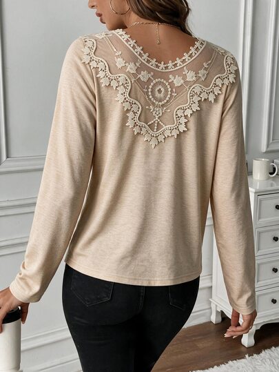 Louniche Camiseta de manga larga elegante y casual para mujer con decoración de botones en la espalda y patchwork de encaje, atuendo diario y de fiesta para primavera y otoño, estilo casual de primavera, camiseta multifuncional, adecuada para reuniones de mujeres, citas, desplazamientos al trabajo, uso diario en otoño e invierno, esencial para desplazamientos al trabajo, camiseta de manga larga para mujer