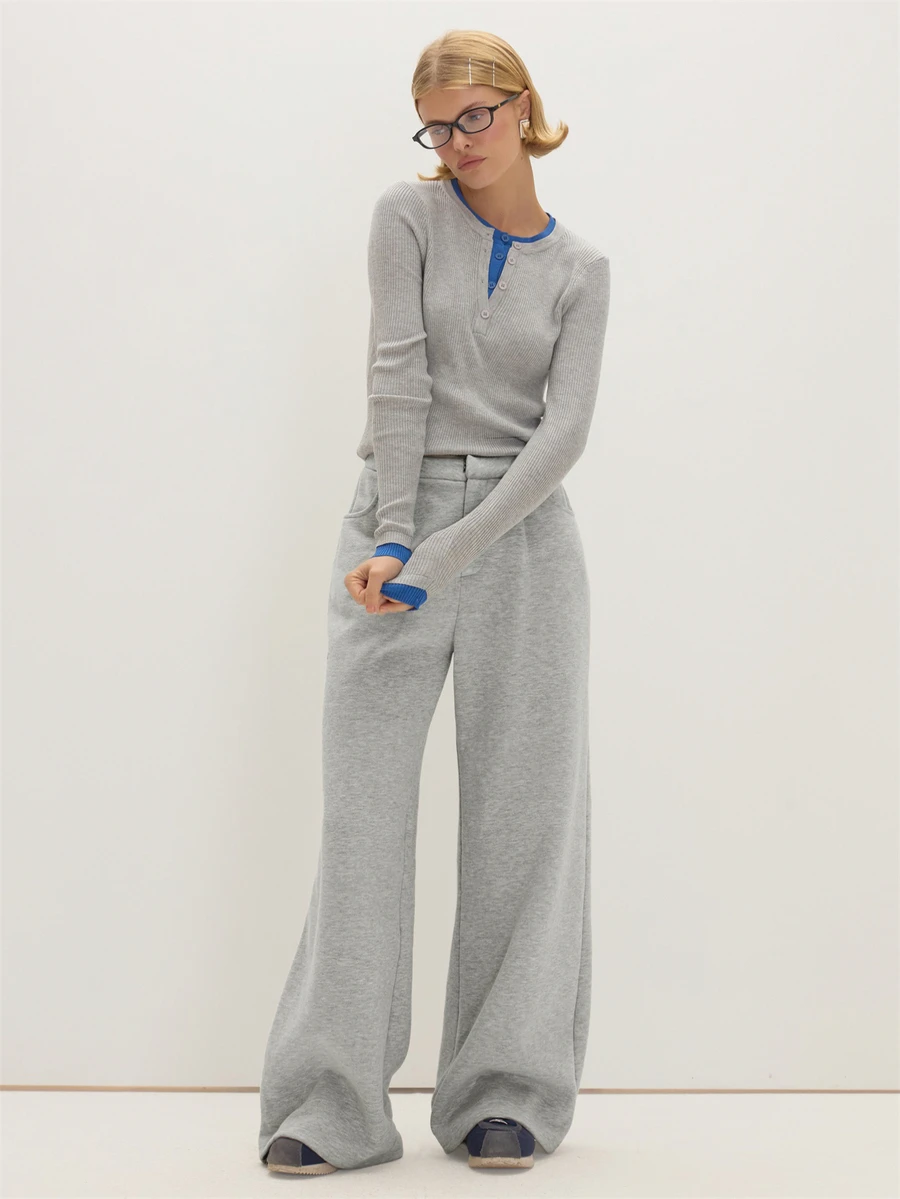 MUSEYN Celana Sweatpants Potongan Lurus Warna Abu-abu dari Jersey - Grey - View 1