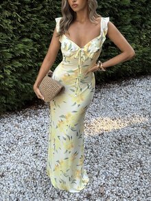 Aloruh Off White Summer Elegant Vacation Sweetheart Neck Ruffle Strap Mesh Lily Flower Dress, Yellow Long Party Vacation Dress, Wedding Guest Graduation - Light Yellow - View 5