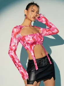SHEIN X KeniaOs SHEIN ICON 扎染剪裁不对称下摆短款 T 恤 - 彩色 - 查看 3