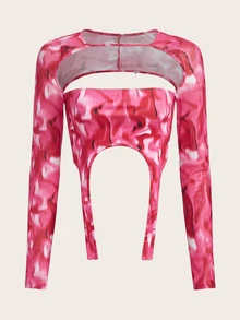 SHEIN X KeniaOs SHEIN ICON 扎染剪裁不对称下摆短款 T 恤 - 彩色 - 查看 9