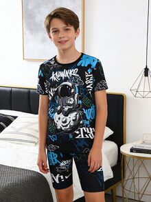 青少年男童黑色极简宇航员字母印花短袖短裤两件套睡衣套装 - 黑色 - 查看 3