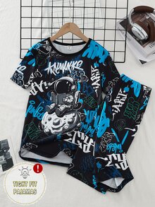 青少年男童黑色极简宇航员字母印花短袖短裤两件套睡衣套装 - 黑色 - 查看 1