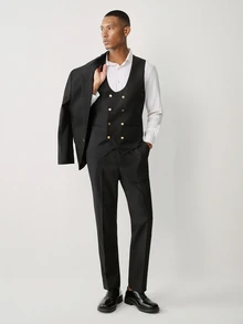 Calvornis Men's Double-Breasted Vest, Long Sleeve Jacket And Pocket Trousers 3 PiecesSuit Set - Black - View 4