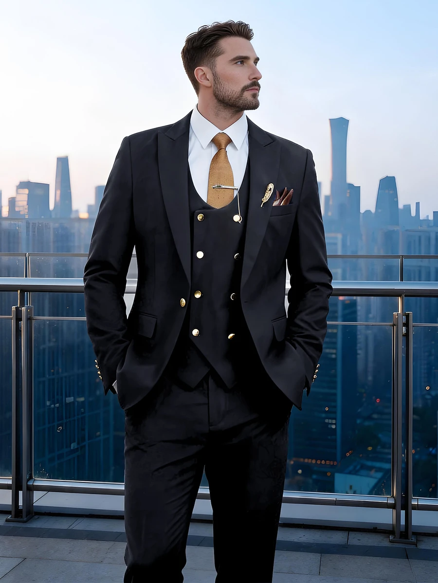 Calvornis Men's Double-Breasted Vest, Long Sleeve Jacket And Pocket Trousers 3 PiecesSuit Set - Black - View 1