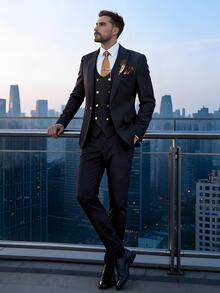 Calvornis Men's Double-Breasted Vest, Long Sleeve Jacket And Pocket Trousers 3 PiecesSuit Set - Black - View 3