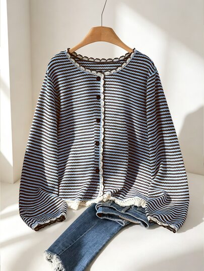 Franclia Plus Size Women Striped Front Button Fringe Hem Top Fall