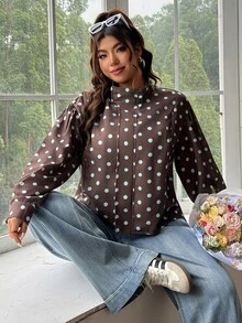 SHEIN EZwear 大码女式波点立领休闲百搭日常外套 - 彩色 - 查看 3