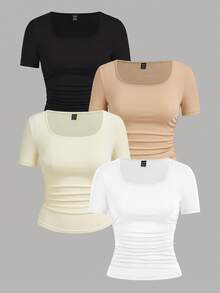 SHEIN EZwear 4件装95%纯棉休闲纯色圆领短袖T恤，适合春夏穿着、外出、海滩度假、居家穿着，时尚百搭。 - 彩色 - 查看 15