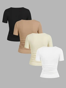 SHEIN EZwear 4件装95%纯棉休闲纯色圆领短袖T恤，适合春夏穿着、外出、海滩度假、居家穿着，时尚百搭。 - 彩色 - 查看 2