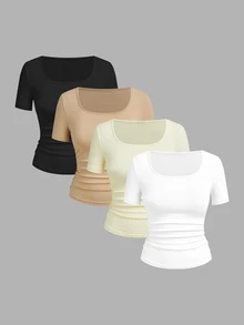 SHEIN EZwear 4件装95%纯棉休闲纯色圆领短袖T恤，适合春夏穿着、外出、海滩度假、居家穿着，时尚百搭。 - 彩色 - 查看 12
