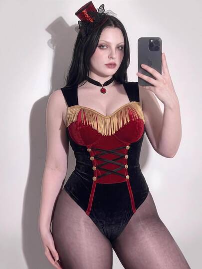 SHEIN ICON 大尺碼性感 Y2K 馬戲團團長性感連身衣，天鵝絨萬聖節 Cosplay 連身衣