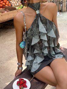 Aloruh 女士优雅多层荷叶边立领修身背心 - 綠色 - 查看 7