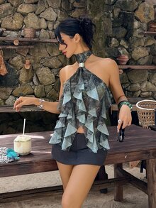 Aloruh 女士优雅多层荷叶边立领修身背心 - 綠色 - 查看 8