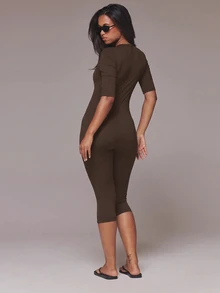 MUSERA ESSENTIALS جمبسوت كابري أسود بأكمام 3/4 طول صيفي للعطلات وإجازة إيبيزا وليلة موعد - قهوة بني - مشاهدة 4