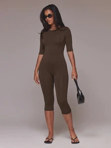 MUSERA ESSENTIALS جمبسوت كابري أسود بأكمام 3/4 طول صيفي للعطلات وإجازة إيبيزا وليلة موعد - قهوة بني - مشاهدة 3