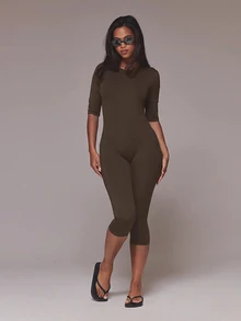 MUSERA ESSENTIALS جمبسوت كابري أسود بأكمام 3/4 طول صيفي للعطلات وإجازة إيبيزا وليلة موعد - قهوة بني - مشاهدة 1