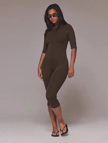 MUSERA ESSENTIALS جمبسوت كابري أسود بأكمام 3/4 طول صيفي للعطلات وإجازة إيبيزا وليلة موعد - قهوة بني - مشاهدة 5