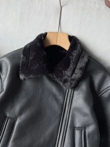 SHEIN Tween Girls Jackets Casual Street Chic Motorcycle Collar Metal Zipper Closure PU Lined Fleece Composite Fleece Short Long Sleeve Lapel - Black - View 5
