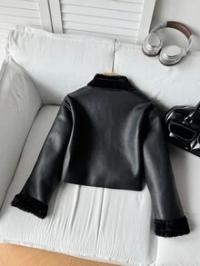 SHEIN Tween Girls Jackets Casual Street Chic Motorcycle Collar Metal Zipper Closure PU Lined Fleece Composite Fleece Short Long Sleeve Lapel - Black - View 10