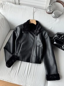 SHEIN Tween Girls Jackets Casual Street Chic Motorcycle Collar Metal Zipper Closure PU Lined Fleece Composite Fleece Short Long Sleeve Lapel - Black - View 6