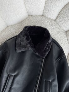 SHEIN Tween Girls Jackets Casual Street Chic Motorcycle Collar Metal Zipper Closure PU Lined Fleece Composite Fleece Short Long Sleeve Lapel - Black - View 7