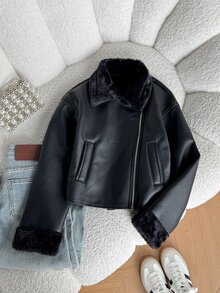 SHEIN Tween Girls Jackets Casual Street Chic Motorcycle Collar Metal Zipper Closure PU Lined Fleece Composite Fleece Short Long Sleeve Lapel - Black - View 3
