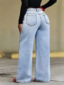 SHEIN Tall Women's Asymmetric Pocket Button Casual Versatile Daily Wear Wide Leg Jeans, Tall Women Going Out Office Light Blue Summer - Light Wash - View 2