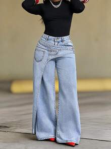 SHEIN Tall Women's Asymmetric Pocket Button Casual Versatile Daily Wear Wide Leg Jeans, Tall Women Going Out Office Light Blue Summer - Light Wash - View 5