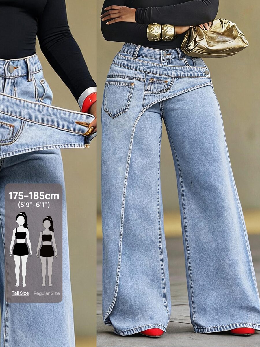 SHEIN Tall Women's Asymmetric Pocket Button Casual Versatile Daily Wear Wide Leg Jeans, Tall Women Going Out Office Light Blue Summer - Light Wash - View 1
