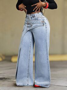 SHEIN Tall Women's Asymmetric Pocket Button Casual Versatile Daily Wear Wide Leg Jeans, Tall Women Going Out Office Light Blue Summer - Light Wash - View 6